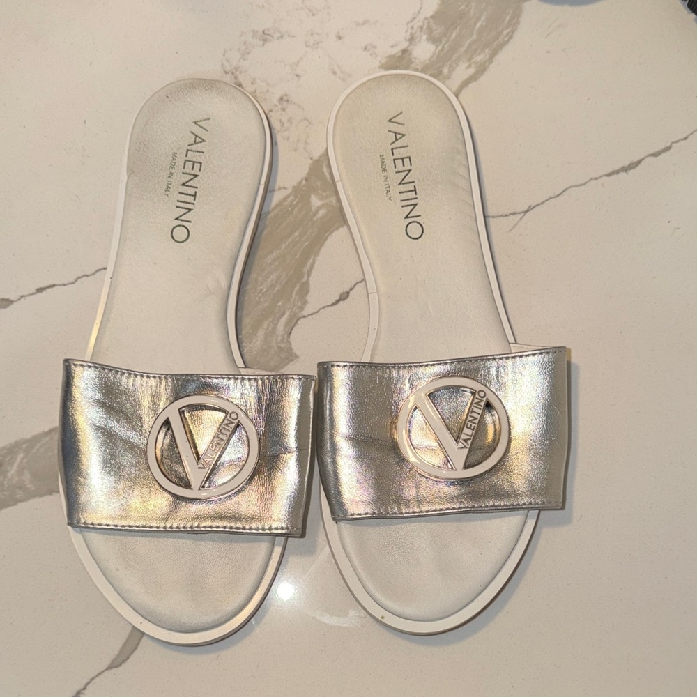 Valentino Metallic Silver Slide Sandals